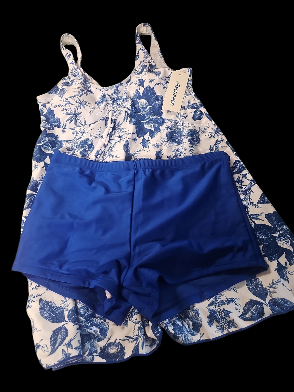 Ecupper Blue Floral Tankini Set with Solid Royal Blue Swim Shorts